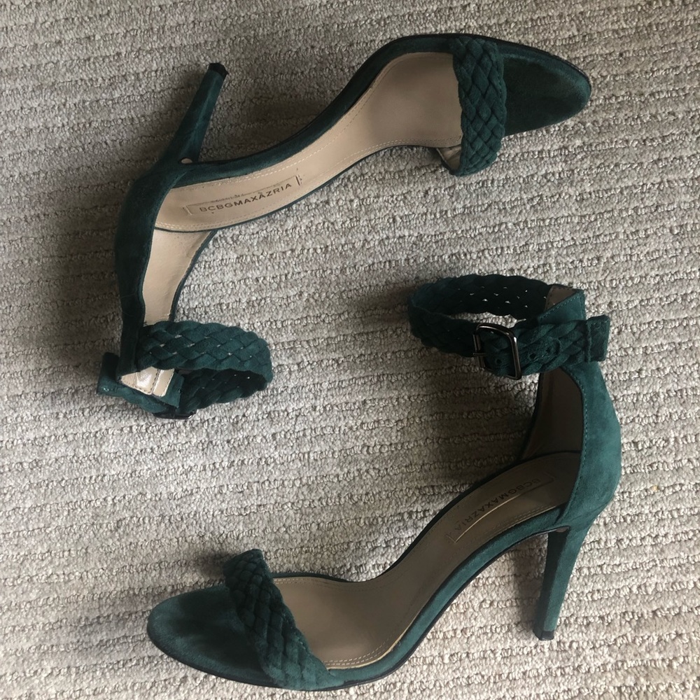 BCBG MaxAzria Dark green suede braided heels
